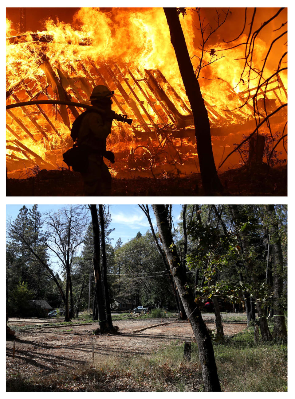 <div class="inline-image__caption"><p>Top: A Cal Fire firefighter monitors a burning home as the Camp Fire moves through the area on November 9, 2018 in Magalia, California. </p><p>Bottom: An October 21, 2019 view of a lot where that same home burned down.</p></div> <div class="inline-image__credit">Justin Sullivan / Getty</div>