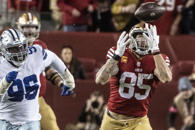 San Francisco 49ers tight end George Kittle totaled nine catches for 149 yards in Week 8. File Photo by Terry Schmitt/UPI