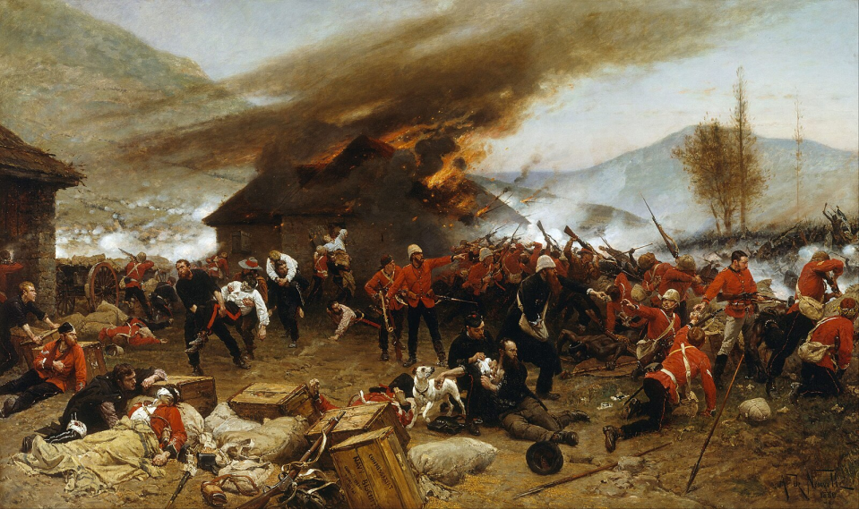 Painting of the <u>Battle of Rorke's Drift</u> which took place in Natal during the Anglo-Zulu War in 1879. De Neuville based the painting on eye witness accounts and it depicts several events of the battle occurring at once. Wikimedia Commons.