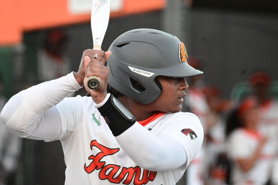 Florida A&M softball catcher Nyah Morgan prepares to bat against Southeastern Louisiana.