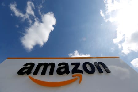 FILE PHOTO: The logo of Amazon is seen at the company logistics centre in Boves