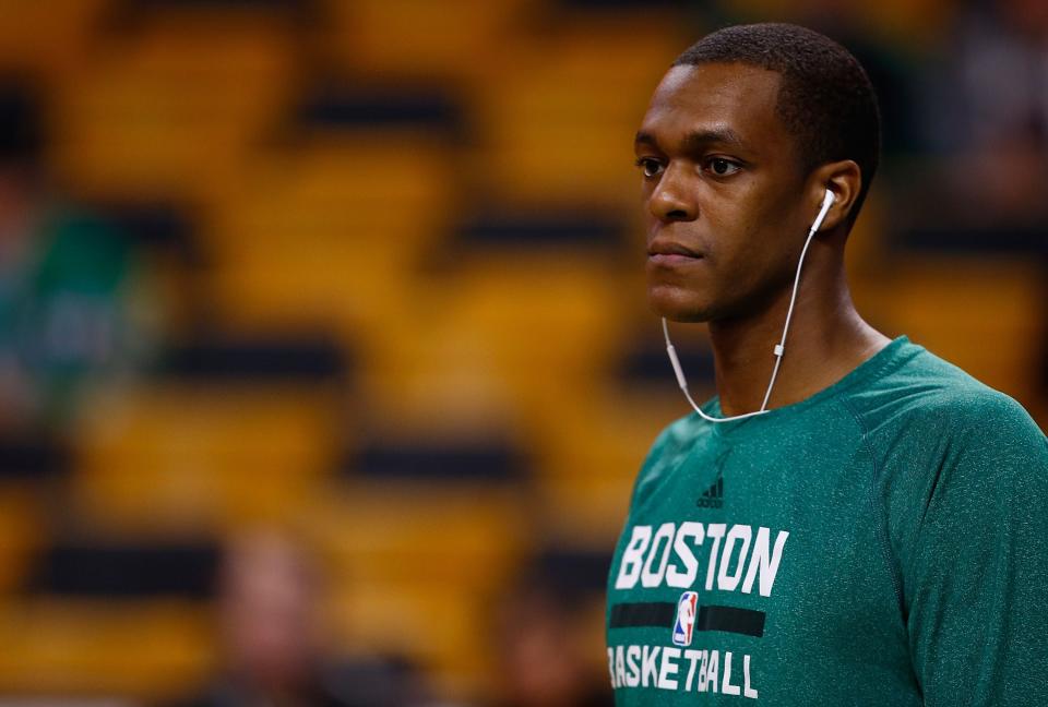 BOSTON, MA - JANUARY 15:  Rajon Rondo #9 of the Boston Celtics warms up prior to the game against the Toronto Raptors at TD Garden on January 15, 2014 in Boston, Massachusetts. NOTE TO USER: User expressly acknowledges and agrees that, by downloading and or using this photograph, User is consenting to the terms and conditions of the Getty Images License Agreement.  (Photo by Jared Wickerham/Getty Images)