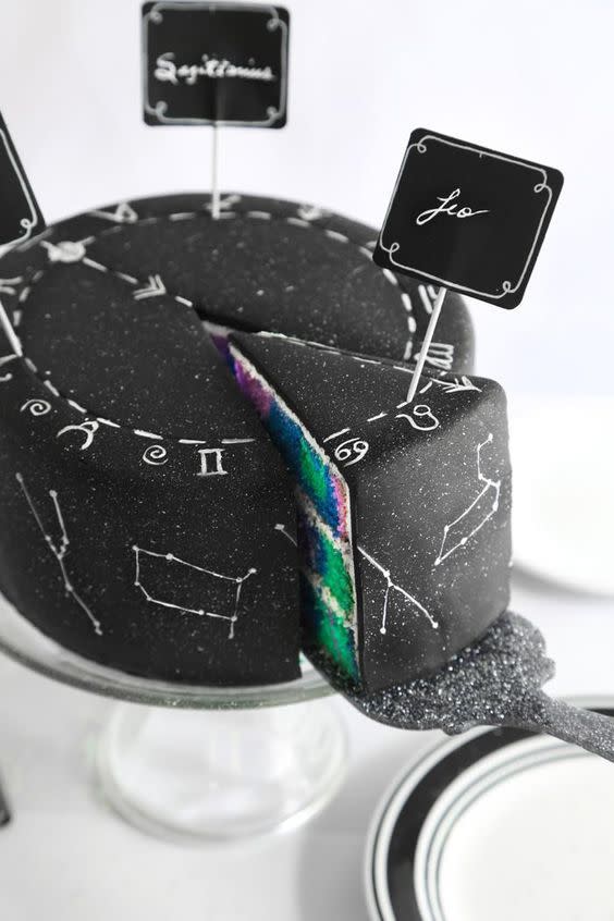 <p>This cake just proves science can be fun. It’s filled with a Zodiac constellation on the outside and rainbow filling on the inside. <i><a href="https://uk.pinterest.com/pin/189925309262791076/" rel="nofollow noopener" target="_blank" data-ylk="slk:[Photo: Pinterest];elm:context_link;itc:0;sec:content-canvas" class="link "> [Photo: Pinterest]</a></i></p>