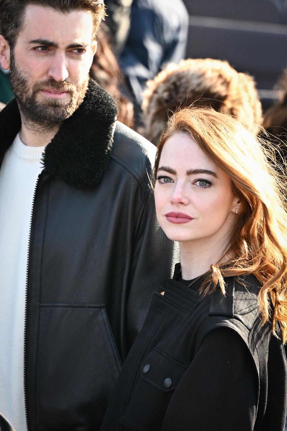 Dave McCary and Emma Stone attend the Louis Vuitton Womenswear Fall/Winter 2022/2023 show.