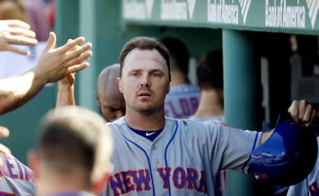 FILE PHOTO: Sep 16, 2018; Boston, MA, USA; New York Mets right fielder Jay Bruce (19) is congratulated in the dugout after scoring a run against the Boston Red Sox during the seventh inning at Fenway Park. Mandatory Credit: Winslow Townson-USA TODAY Sports
