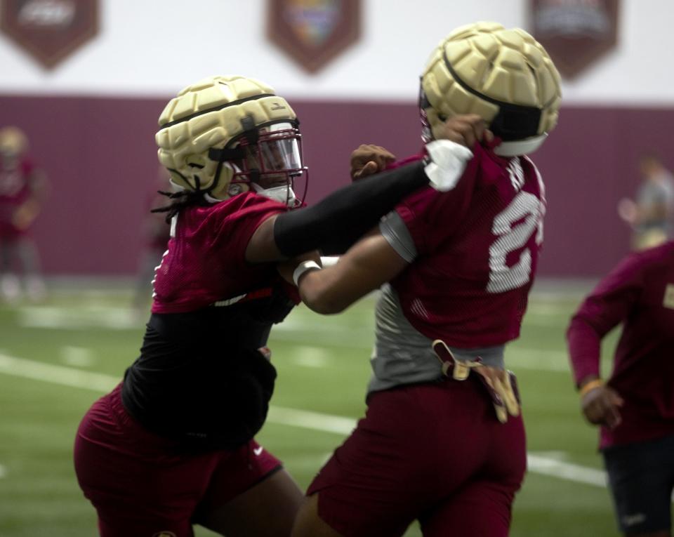 Florida State football players participate in day one of the Seminoles fall camp at Florida State University on Wednesday, July 24, 2024.