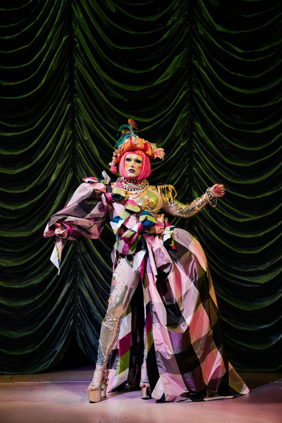 Ms Sharon Le Grand wears costume by Allen and Adcock performing Sound of the Underground at the Royal Court Theatre (Helen Murray)
