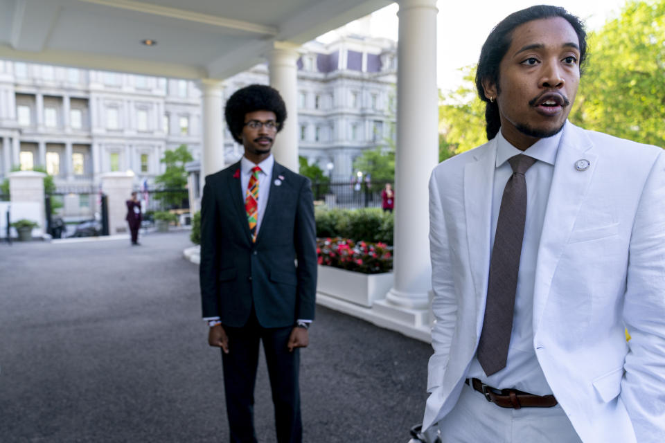 FILE - Tennessee Reps. Justin Pearson, D-Memphis, left, and Justin Jones, D-Nashville, speak to reporters outside the West Wing after meeting with President Joe Biden and Vice President Kamala Harris in the Oval Office of the White House in Washington, April 24, 2023. Pearson and Jones, who became Democratic heroes as members of the “Tennessee Three,” reclaimed their legislative seats Thursday, Aug. 3, after they were expelled for involvement in a gun control protest on the House floor. (AP Photo/Andrew Harnik, File)