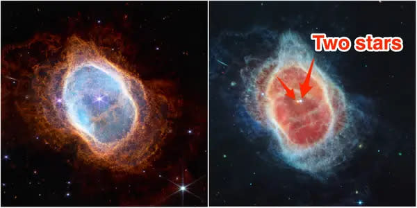 Die beiden Sterne sind auf dem Bild der MIRI-Kamera vom Südlichen Ringnebel zu sehen. - Copyright: NASA, ESA, CSA, STScI