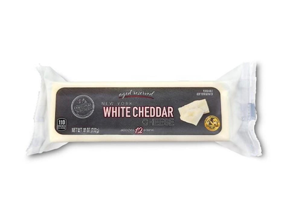 black and white package of white cheddar from aldi