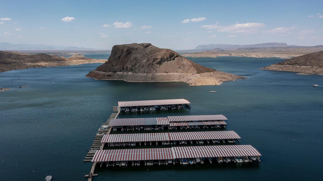 Boats are seen at a marina in Elephant Butte Reservoir on June 18, 2023.