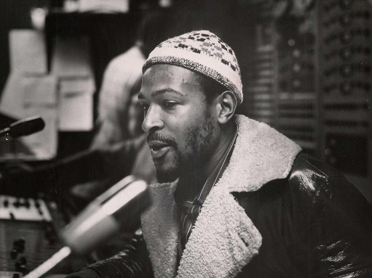 <p>Marvin Gaye photographed by Gordon Staples, concertmaster of the Detroit Symphony Orchestra, in the Motown studio console room in early 1971</p> (Alamy Stock Photo)