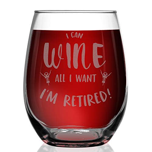 'I Can Wine All I Want, I'm Retired' Engraved Stemless Wine Glass (Amazon / Amazon)