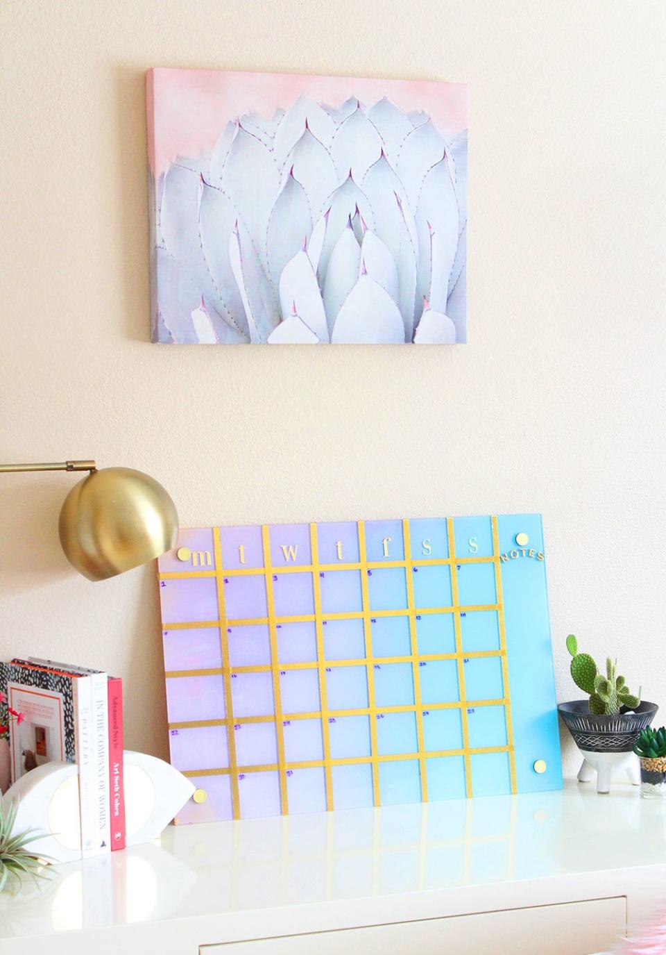 <p>Rumor has it that if your calendar looks like wall art, you might actually look at it every once and while. It's amazing what washi tape can do.</p><p><em><a href="https://blissmakes.com/diy-gradient-calendar/" rel="nofollow noopener" target="_blank" data-ylk="slk:Get the tutorial at BlissMakes »;elm:context_link;itc:0;sec:content-canvas" class="link ">Get the tutorial at BlissMakes »</a></em> </p>