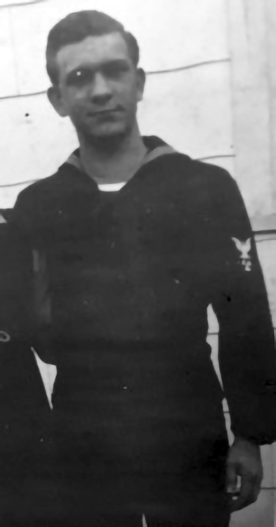 This 1944 photo provided by Debbie Hodges shows Julian Hodges in his Navy uniform in Lewiston, Mont. Julian Hodges, now of Johnson City, Tenn., is believed to be one of the last two men alive of the 4,600 servicemen who between 1937 and 1942 served aboard the USS Yorktown, an aircraft carrier sunk by a Japanese submarine following the June 1942 Battle of Midway. (Courtesy of Debbie Hodges via AP)