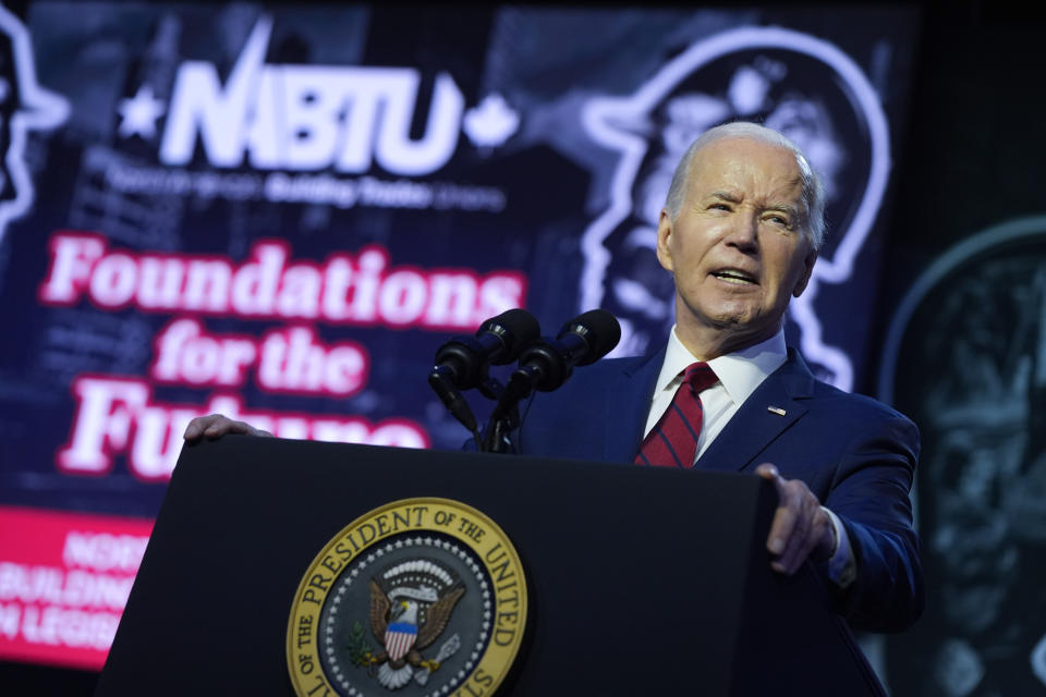 President Joe Biden speaks to the North America's Building Trade Union National Legislative Conference, Wednesday, April 24, 2024, in Washington. (AP Photo/Evan Vucci)