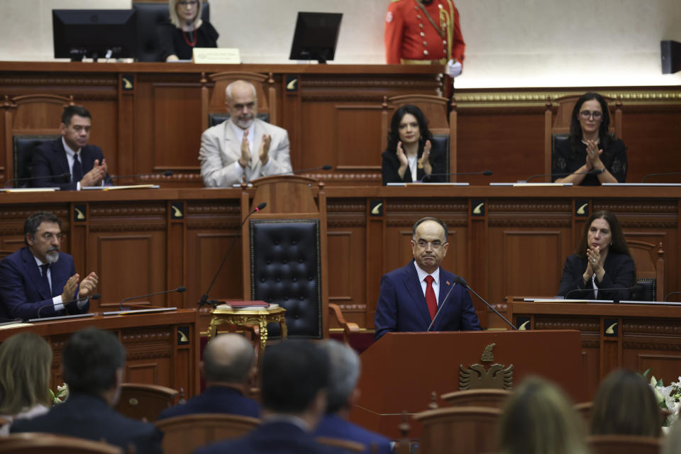 Newly appointed Albanian President Bajram Begaj delivers a speech during a swearing in ceremony at the parliament in Tirana, Sunday, July 24, 2022. Albania's new president sworn in on Sunday calling on the country's political parties to cooperate and consolidate the rule of law. (AP Photo/Franc Zhurda)