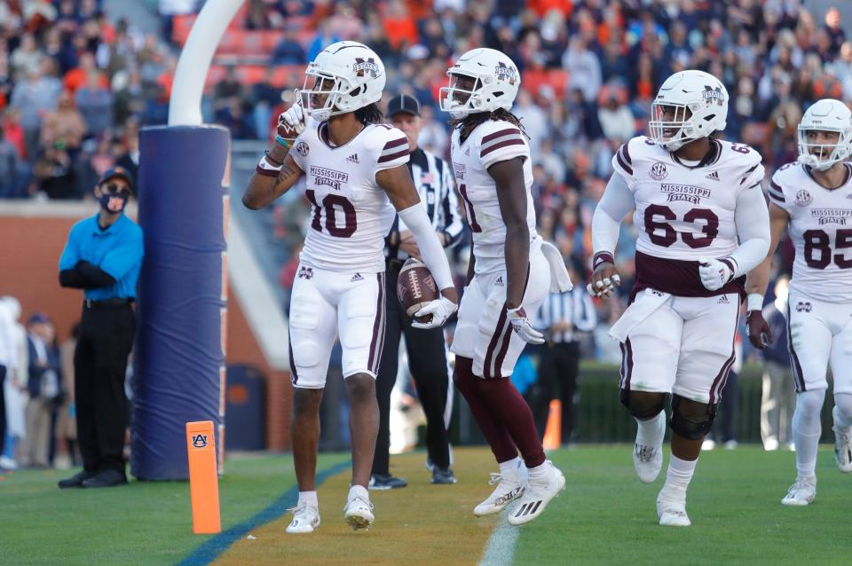 Mississippi State wide receiver Makai Polk (10) sends a message to the Auburn fans at Jordan-Hare Stadium after scoring a fourth-quarter touchdown.