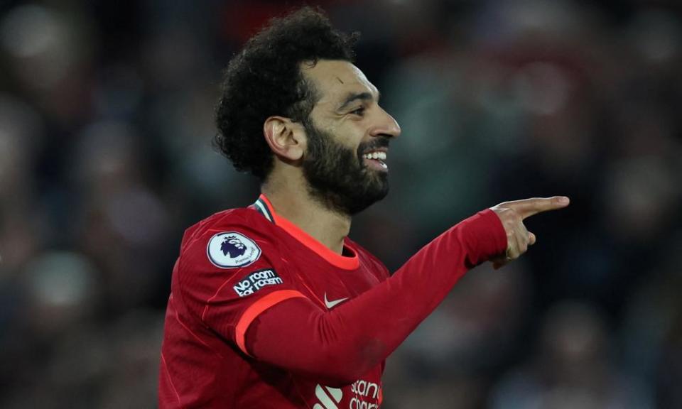 Mohamed Salah celebrates after scoring for Liverpool against Manchester United in April.