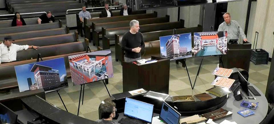 Designer Jose Rodriguez is shown presenting plans for the now scrapped Gem Hotel to the Bricktown Urban Design Committee. Screenshot of live stream of meeting by the City of Oklahoma City.