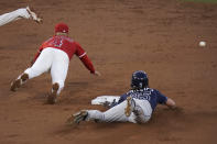 Tampa Bay Rays' Brett Phillips, right, steals second base as Los Angeles Angels' Jose Iglesias misses the throw during the third inning of a baseball game Thursday, May 6, 2021, in Anaheim, Calif. Phillips advanced to third on the errant throw. (AP Photo/Jae C. Hong)