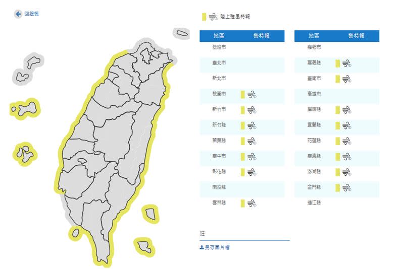 東北風增強，中央氣象局發布「陸上強風特報」。（圖／中央氣象局）