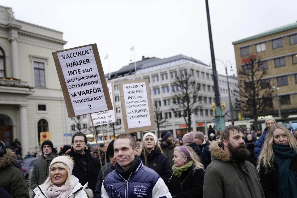 Protestors march as they demonstrate against the coronavirus measures including the vaccine pass, in Gothenburg, Sweden, Saturday, Jan. 22, 2022. (Bjorn Larsson Rosvall/TT News Agency via AP)