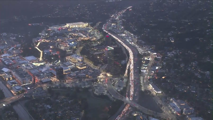 Preliminary information indicates the crash took place around 5:20 a.m. on the northbound side of the 101 at Lankershim Boulevard in Studio City on April 15, 2024. (Sky5)