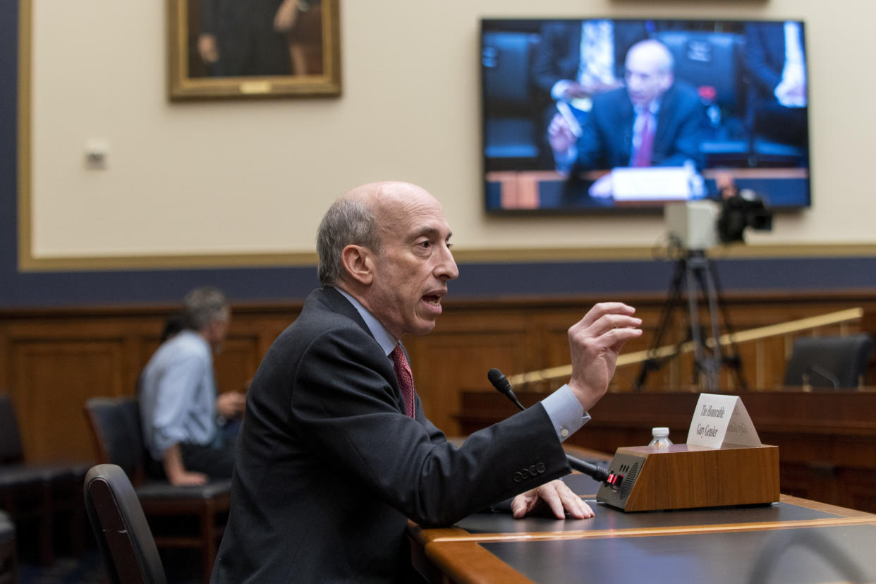 Securities and Exchange Commission (SEC) Chair Gary Gensler testifies during a House Financial Services Committee hearing on oversight of the SEC, Tuesday, April 18, 2023, on Capitol Hill in Washington. (AP Photo/Jacquelyn Martin)