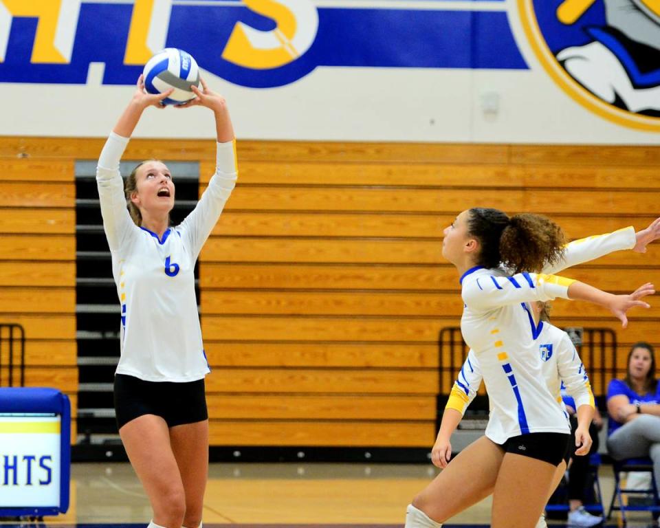 Ripon Christian’s Megan Weststeyn (6) sets up her teammates during a game between Ripon Christian and Mariposa at Ripon Christian High School in Ripon California on September 19, 2023.