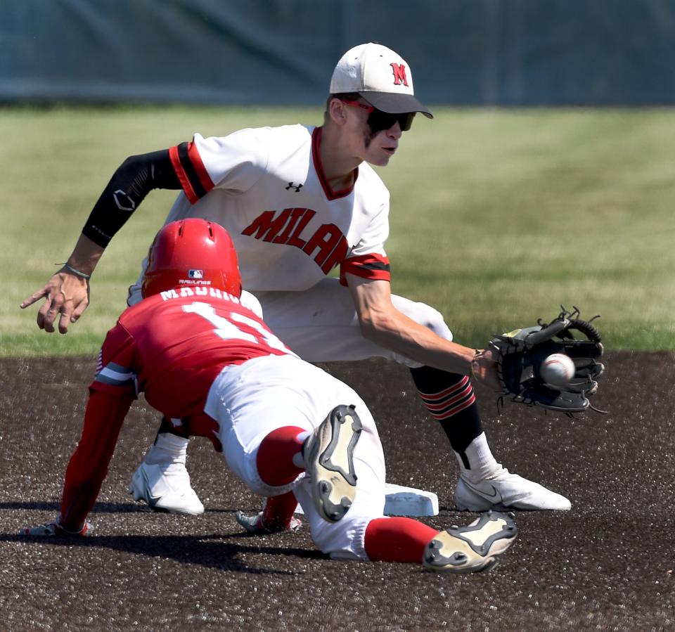 Milan shortstop Jaxon Morawski puts the tag on Michael Madrigal of Grosse Ile after he was picked off second base with the throw from catcher Cody Wikaryasz in finals of the Division 2 Regional at Livonia Franklin Saturday.