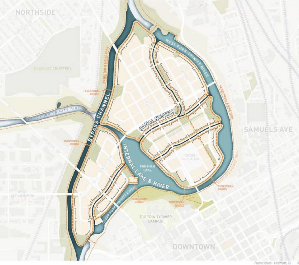 This map shows the new bypass channel that follows a straighter path than the natural bend in the river at downtown.