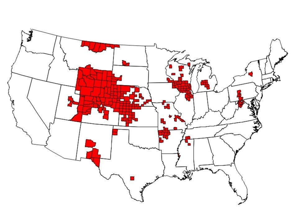 As of January, there were 251 counties in 24 states with reported CWD in free-ranging cervids.&nbsp;Those states are&nbsp;Arkansas, Colorado, Illinois, Iowa,&nbsp;Kansas, Maryland, Michigan, Minnesota, Mississippi, Missouri, Montana, Nebraska, New Mexico, New York, North Dakota, Pennsylvania, South Dakota, Tennessee, Texas, Utah, Virginia, West Virginia, Wisconsin and Wyoming. (Photo: CDC)