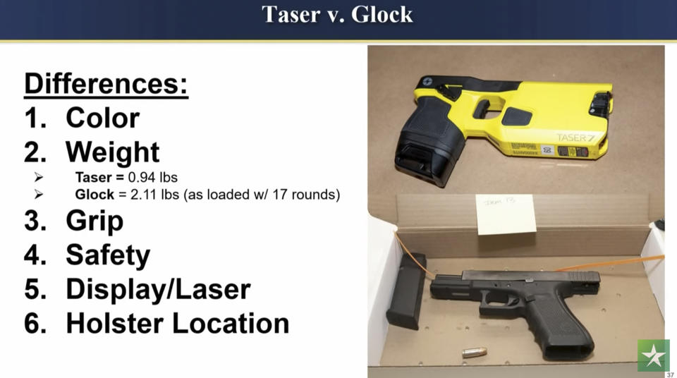 An image provided by the prosecution lists differences between a Taser and a Glock, such as color, weight and grip.