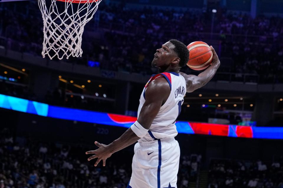 USA guard Anthony Edwards dunks against Jordan during the second half of a Basketball World Cup group C match in Manila, Philippines.