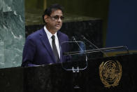 President of Mauritius Paramasivum Pillay Vyapoory addresses the 74th session of the United Nations General Assembly, Friday, Sept. 27, 2019, at the United Nations headquarters. (AP Photo/Frank Franklin II)