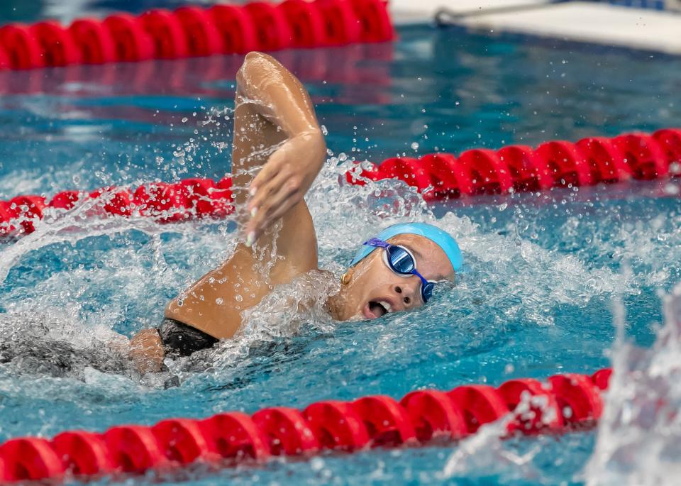 PK Yonge swimmer Lillian Nesty swims the 200 yard freestyle during the 2023 FHSAA 1A-2A Swimming and Diving Championship at FAST in Ocala, FL on Saturday, November 4, 2023. [Alan Youngblood/Ocala Star-Banner]