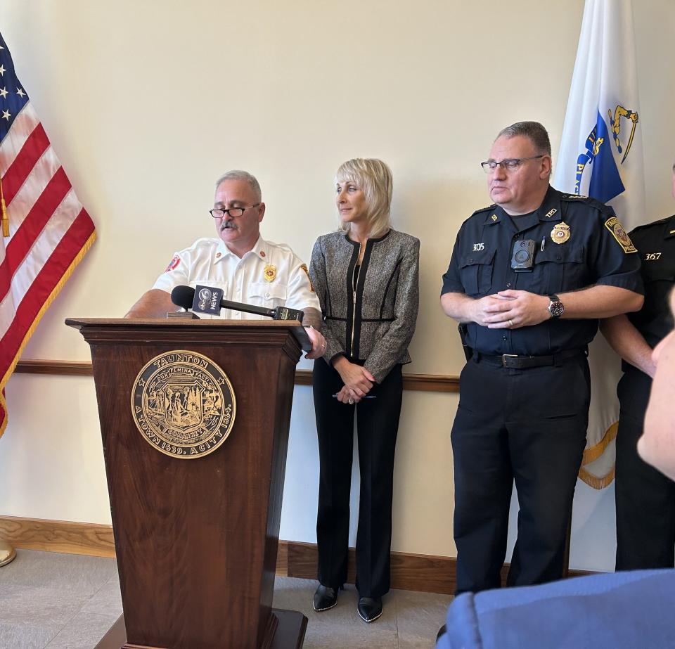 (Left to right) Taunton Fire Chief Steven Lavigne, Mayor Shaunna O'Connell, and Police Chief Edward Walsh voiced support for combined 911 emergency response system on Oct. 11