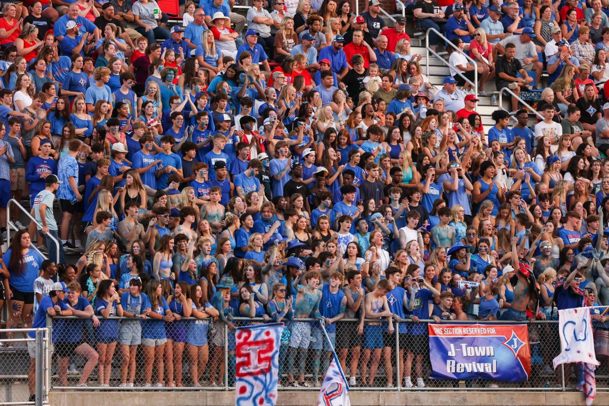 The Jefferson High School student section during a game between the Jefferson High School Dragons and the Wren High School Hurricanes at Jefferson Memorial Stadium in Athens, Ga., on Friday, Aug. 26, 2022. (Photo by Tony Walsh)