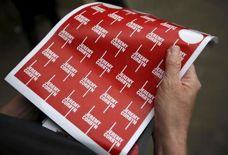 Labour Party leadership candidate Jeremy Corbyn's name on stickers are handed out to supporters at an election campaigning event at Ealing in west London, Britain August 17, 2015. REUTERS/Peter Nicholls