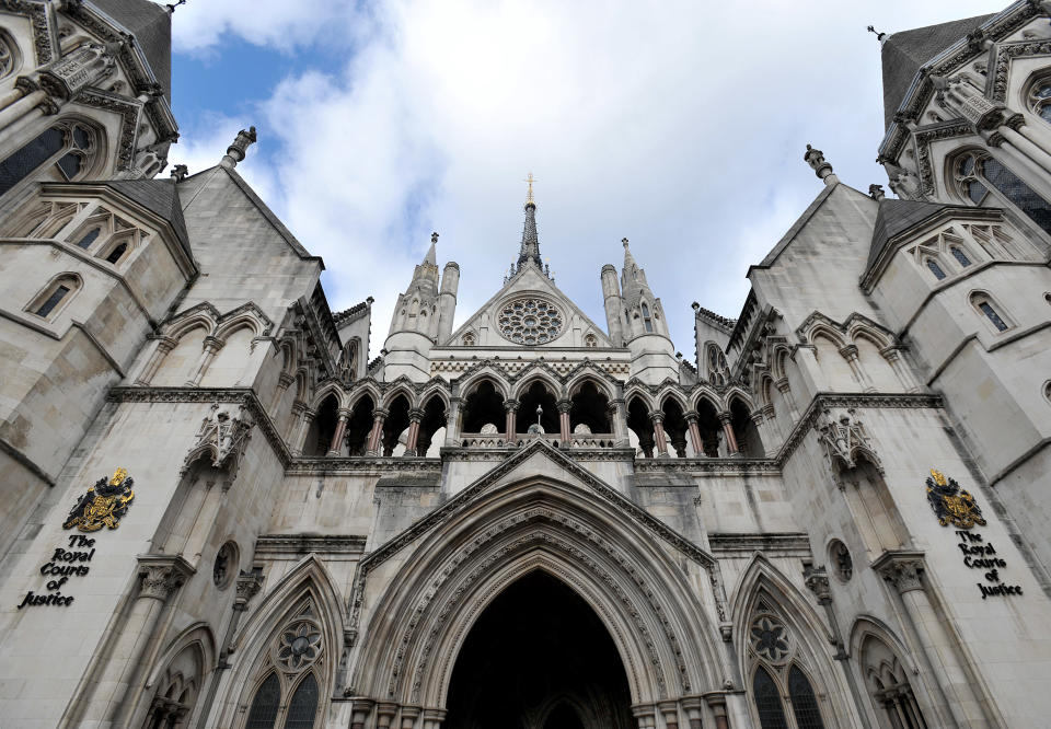 Stock photo of detail above the main entrance to the Royal Courts of Justice in central London.