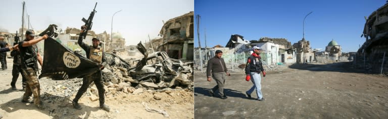 A photo showing Iraqi troops carrying a captured Islamic State group flag in Mosul in July 2017 as the battle for city neared its conclusion, and another showing the same spot some six months later Iraqi troops cheering as they carry an IS flag through Old Mosul on July 2, 2017, and two men walking at the same place on January 8, 2018, six months later