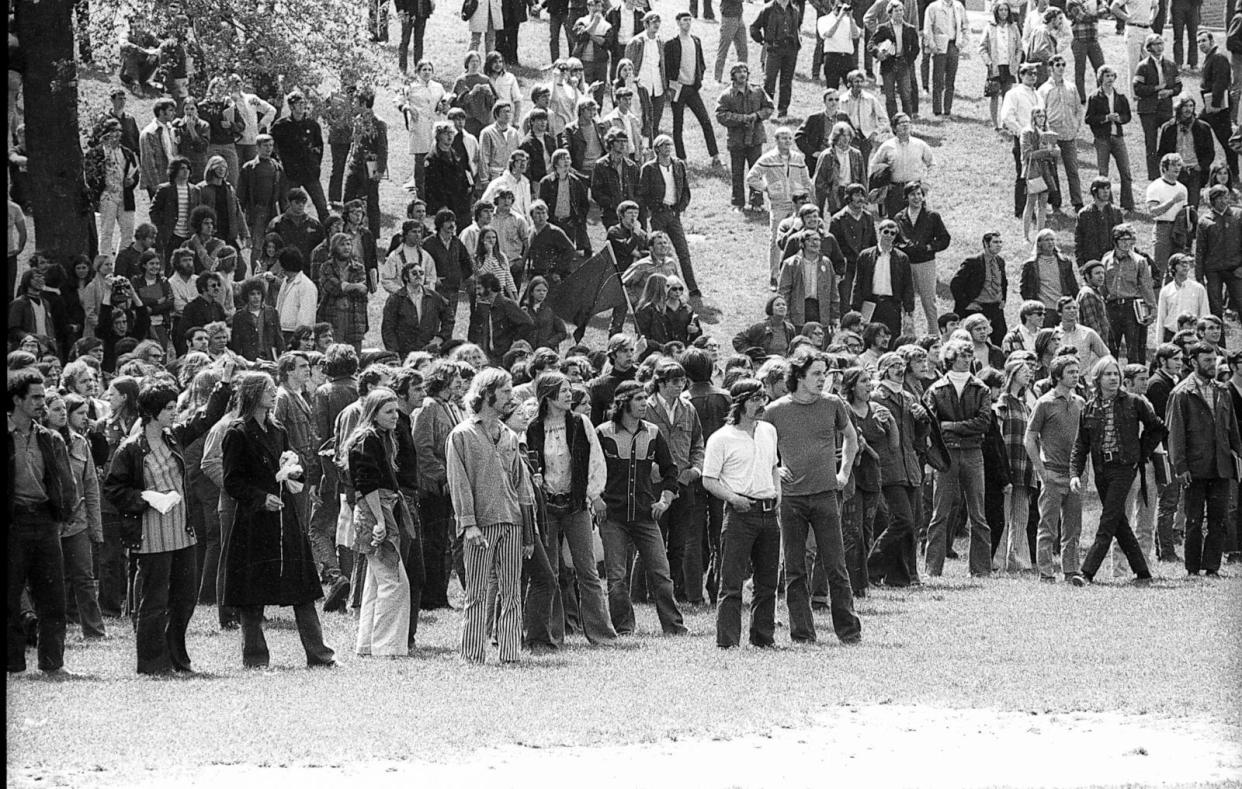 PHOTO: View of students, at the base of Blanket Hill, during an anti-war demonstration at Kent State University, Kent, OH, May 4, 1970. Shortly after this shot was taken, four students were shot and killed by guardsmen. (Howard Ruffner/Getty Images)