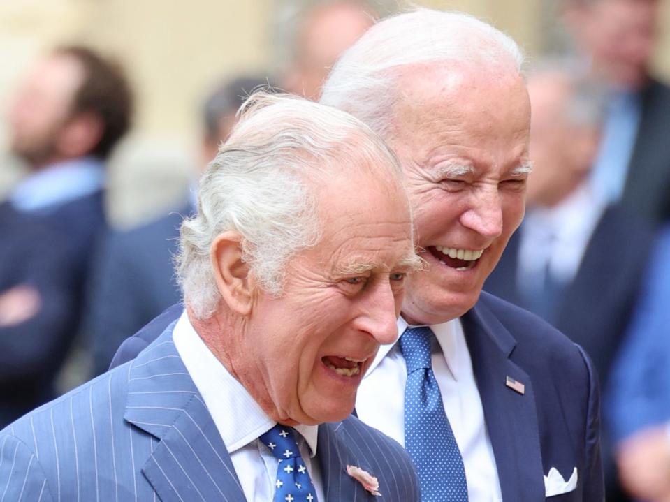 King Charles and Joe Biden laugh during their meeting at Windsor Castle in 2023.