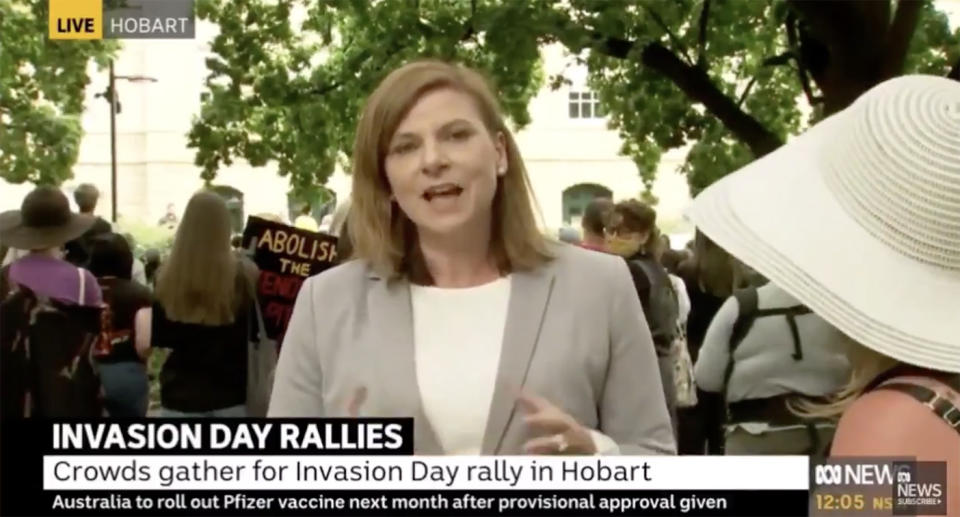 An ABC reporter spoke through a  minute's silence at an Invasion Day rally in Hobart. Source: ABC