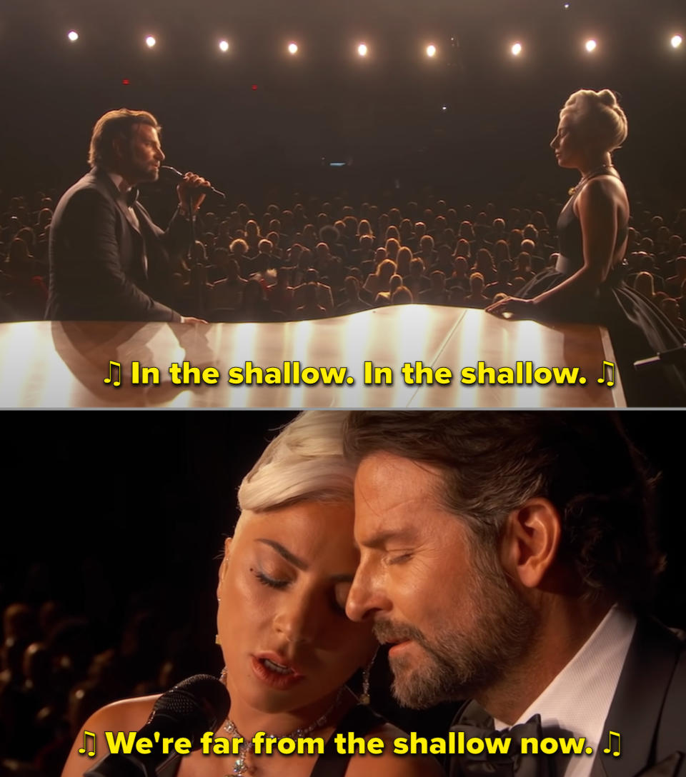 Bradley and Lady Gaga singing live at the 2019 Oscars