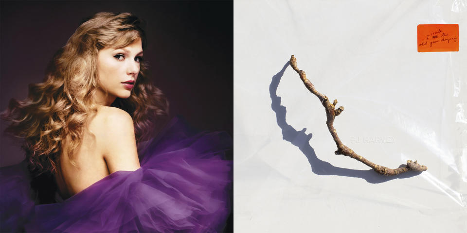 This combination of images shows "Speak Now (Taylor’s Version)" by Taylor Swift, left, and “I Inside the Old Year Dying” by PJ Harvey. (Republic Records, left, and Partisan Records via AP)