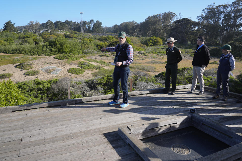 Durrell Kapan, Lead Researcher of Entomology with the California Academy of Sciences, talks about the release of silvery blue butterflies, the closest relative to the extinct Xerces blue butterfly, in the Presidio's restored dune habitat in San Francisco, Thursday, April 11, 2024. (AP Photo/Eric Risberg)