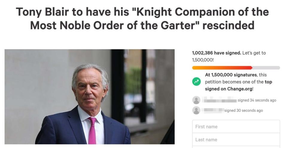 A screengrab from the Change.org website of a petition which aims to strip the former prime minister of his knighthood (Change.org/PA) (PA Media)