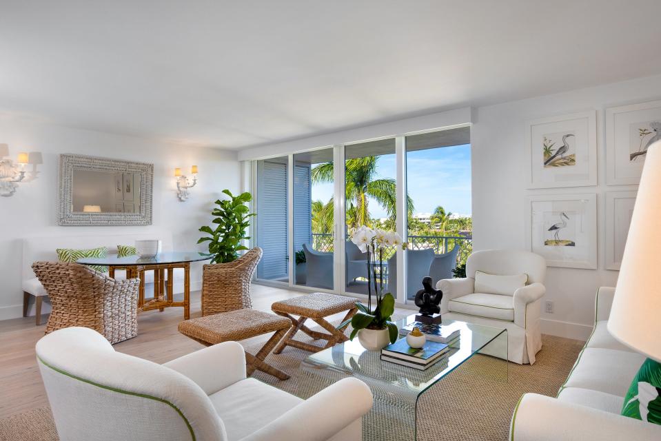 With treetop views of Midtown, Suzi and Hunter Hansen’s Palm Beach renovated condominium is on the top floor of the six-story Island House building at 345 Chilean Ave. The two-bedroom unit is listed, furnished, at $3.495 million.